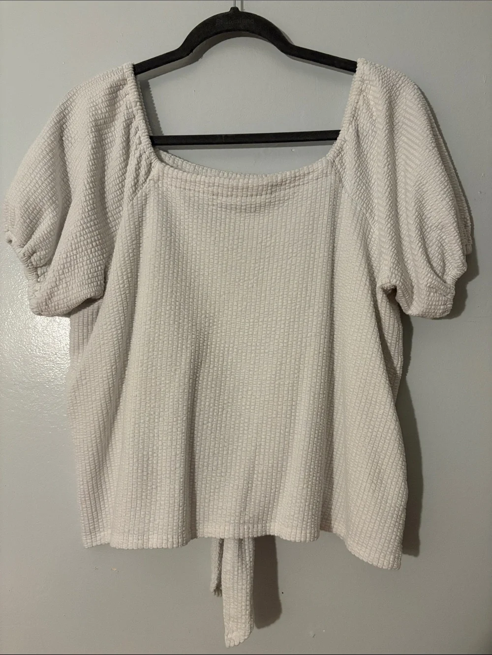 LOFT Cream Textured Square Neck Tie-Front Puff Sleeve Top